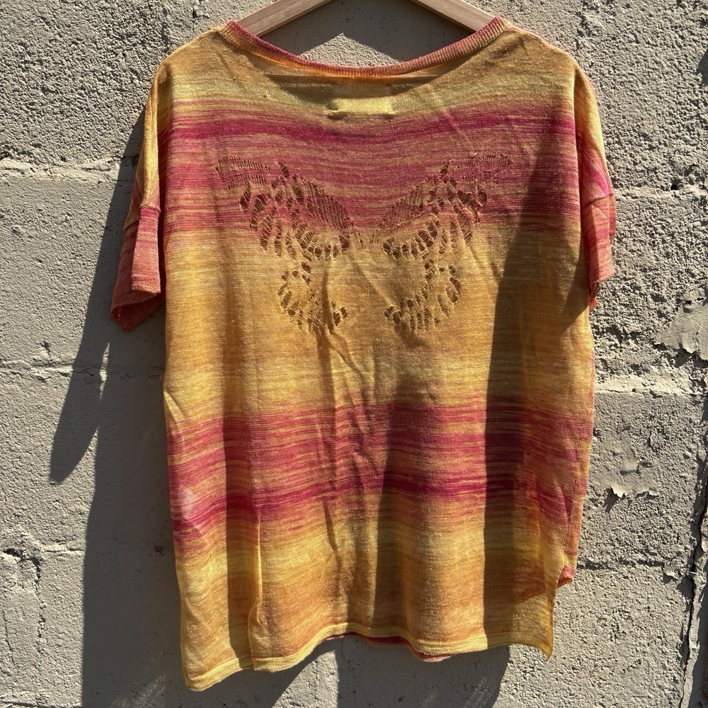 Zadig & Voltaire T-Shirt Womens Medium Short Sleeve Butterfly Cutout Linen Woven